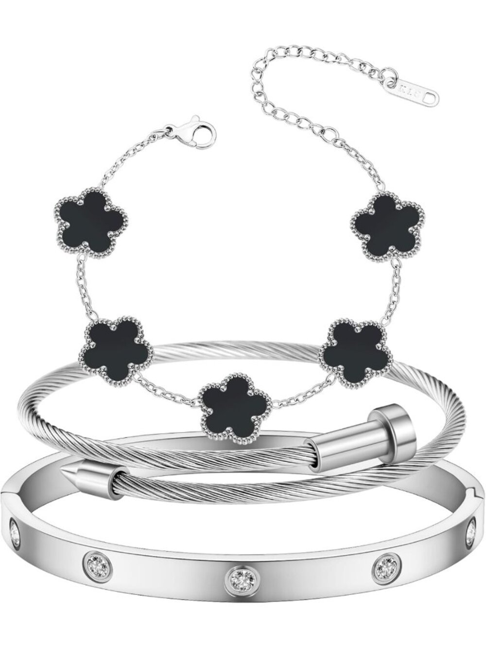 18K Gold Plated Love Friendship Bracelet Set with Cubic Zirconia Cuff Bangle